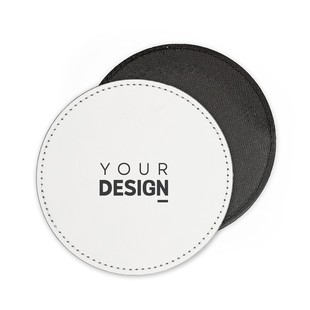 Porta-copos redondos branco e preto com texto 'YOUR DESIGN' no branco