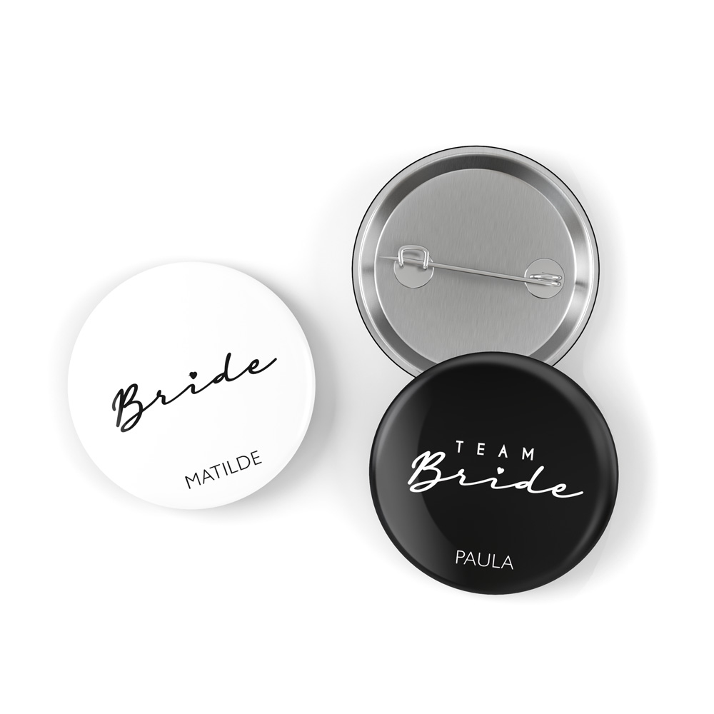 Botões redondos para noiva com textos Bride MATILDE e TEAM Bride PAULA
