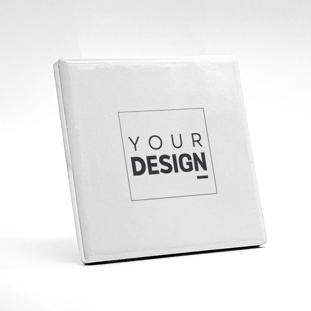 Caixa branca quadrada com texto YOUR DESIGN