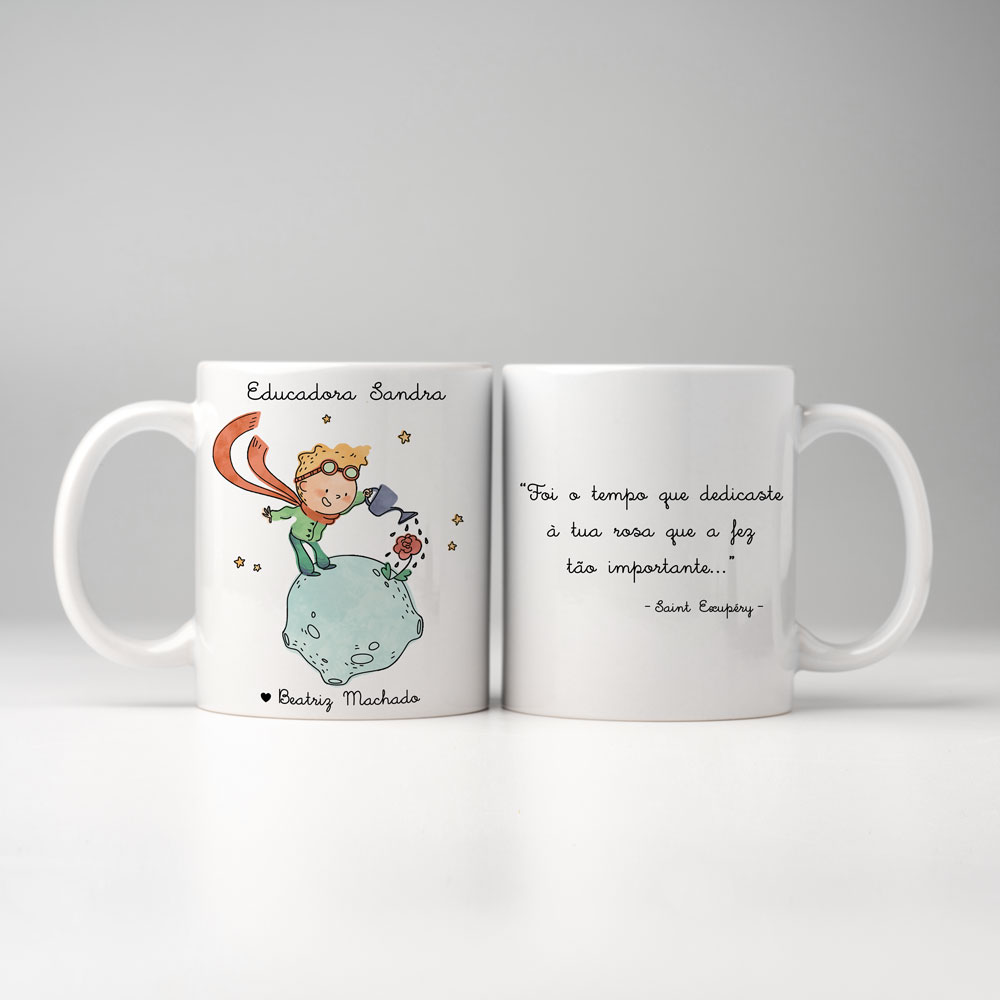 Caneca branca ilustrada do Pequeno Príncipe com texto em português
