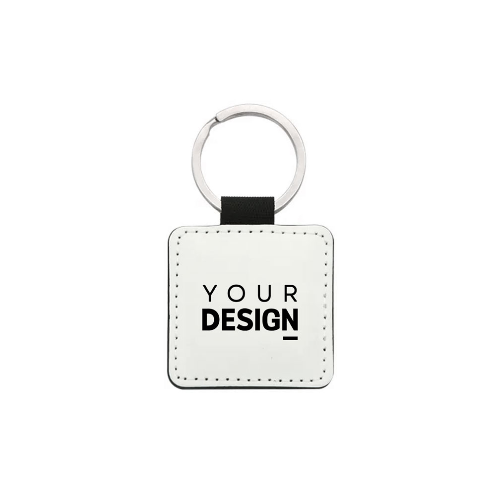 Chaveiro quadrado branco com texto YOUR DESIGN preto e argola metálica