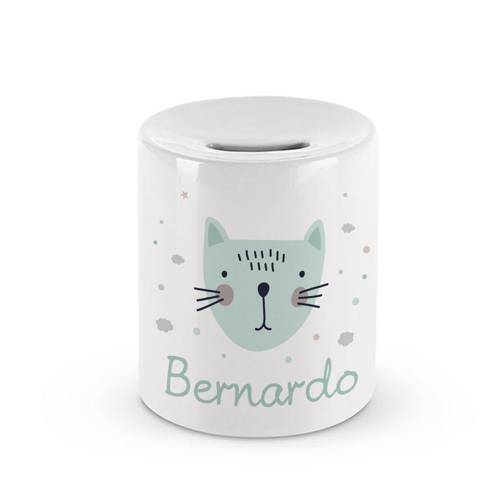 Mealheiro cilíndrico branco com ilustração de gato e texto Bernardo