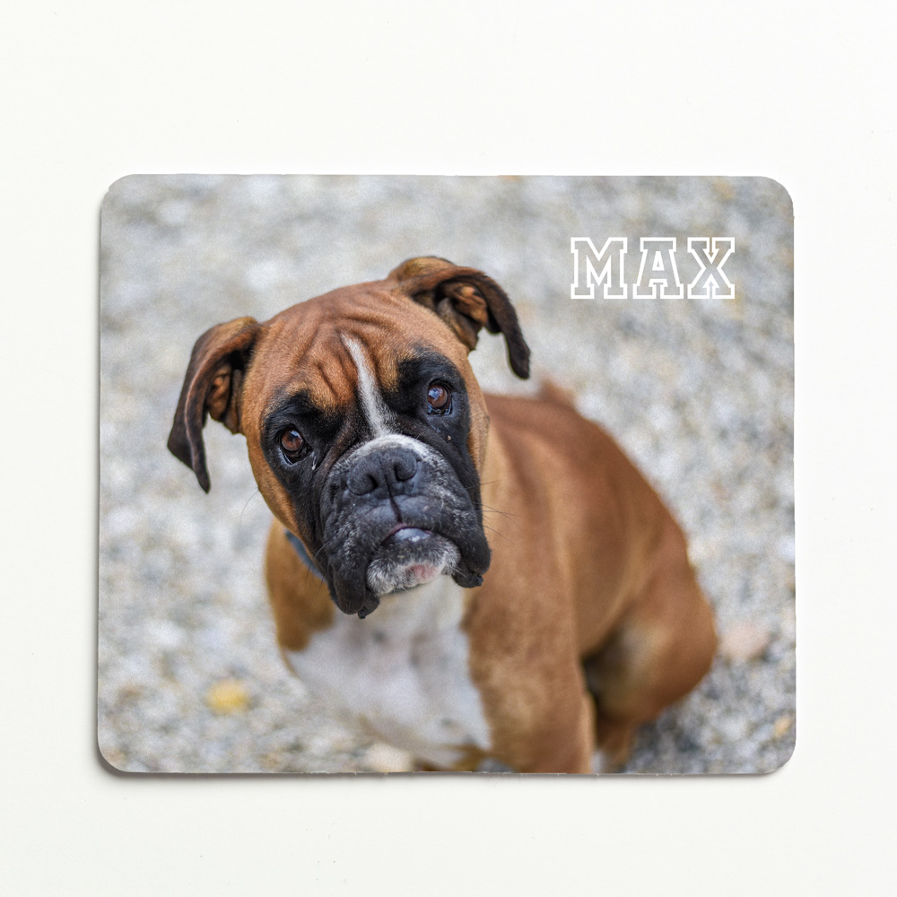 Mouse pad com imagem de um cão boxer castanho com peito branco e texto MAX