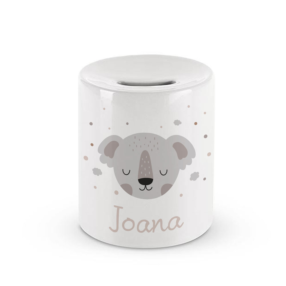 Mealheiro cilíndrico branco com ilustração de urso e texto Joana
