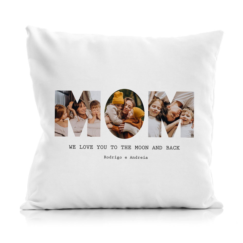 Almofada branca personalizada com fotos e texto preto no centro
