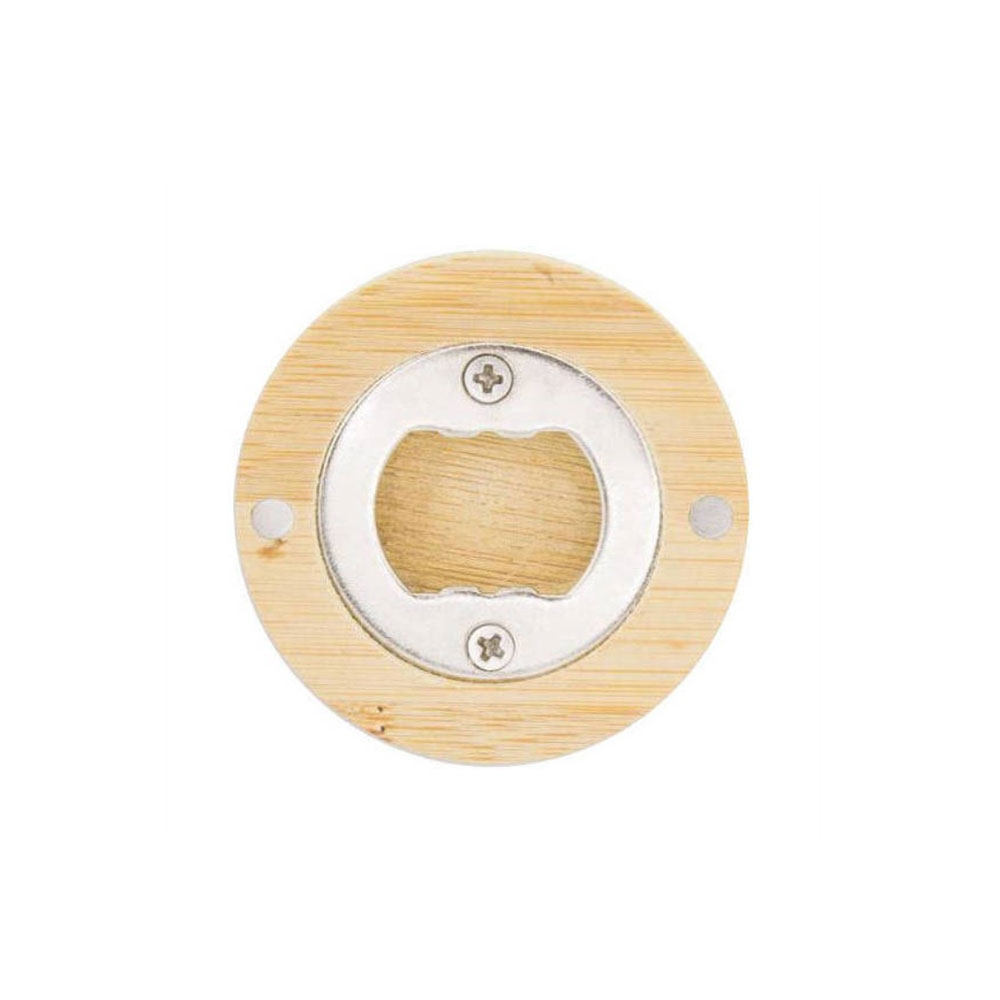 Abridor de garrafas redondo com base de madeira e metal prateado