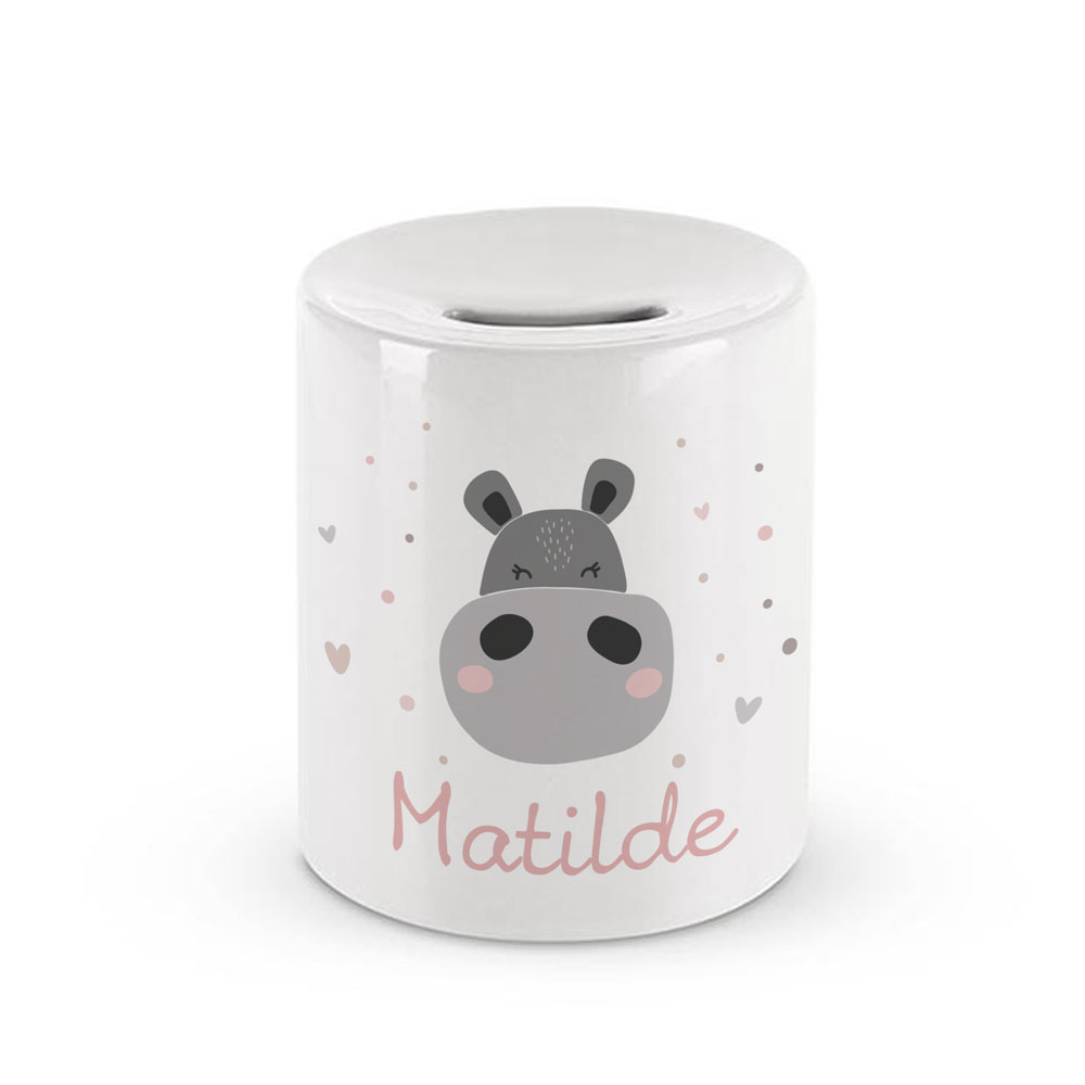 Cofre branco de cerâmica com hipopótamo e nome Matilde
