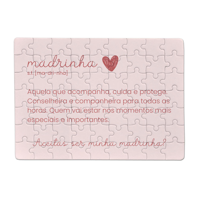 Quebra-cabeças rosa claro com texto vermelho e coração, palavra madrinha e pergunta