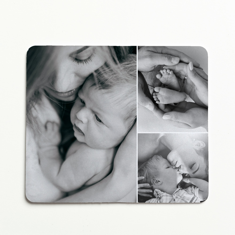 Colagem em preto e branco de mãe e bebé em várias poses íntimas