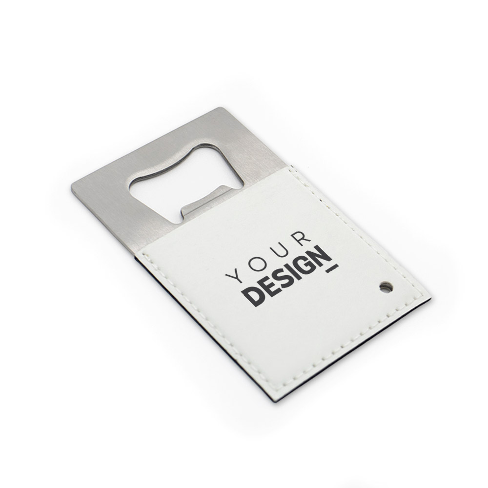 Abridor de garrafas com capa branca e texto 'YOUR DESIGN'