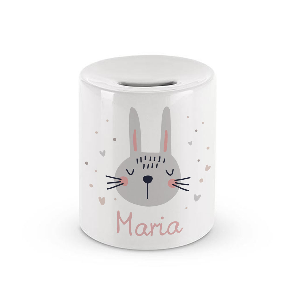 Cofre de cerâmica branco com desenho de coelho cinzento e nome Maria