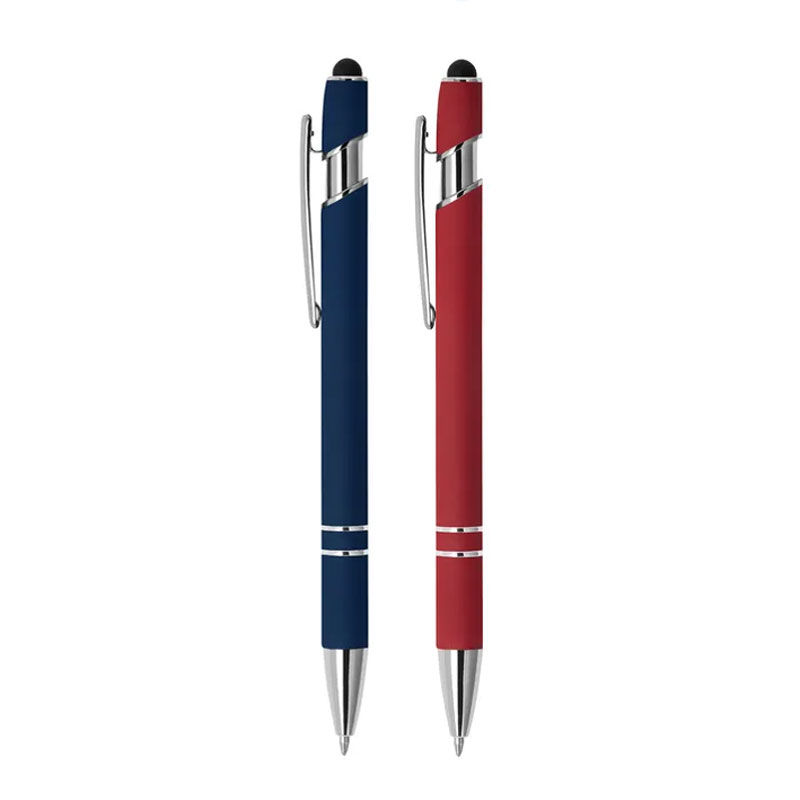 Duas canetas esferográficas azul escuro e vermelha com detalhes metálicos