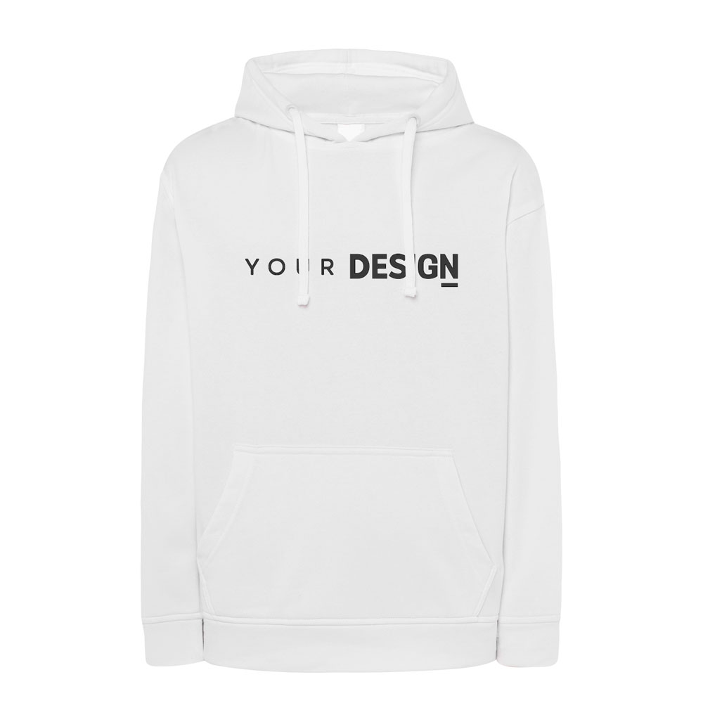 Sweatshirt branca com capuz e texto 'YOUR DESIGN' preto
