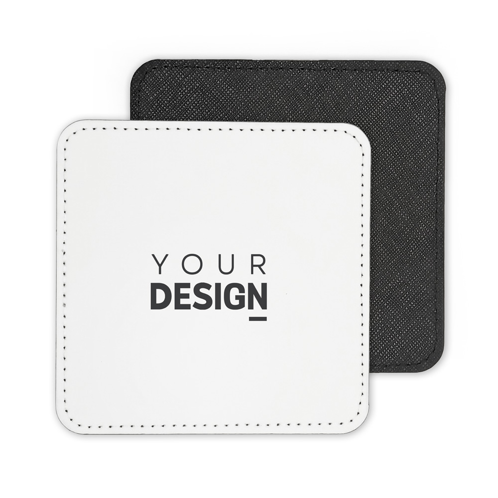 Dois porta-copos quadrados, um branco com texto 'YOUR DESIGN' e outro preto texturizado