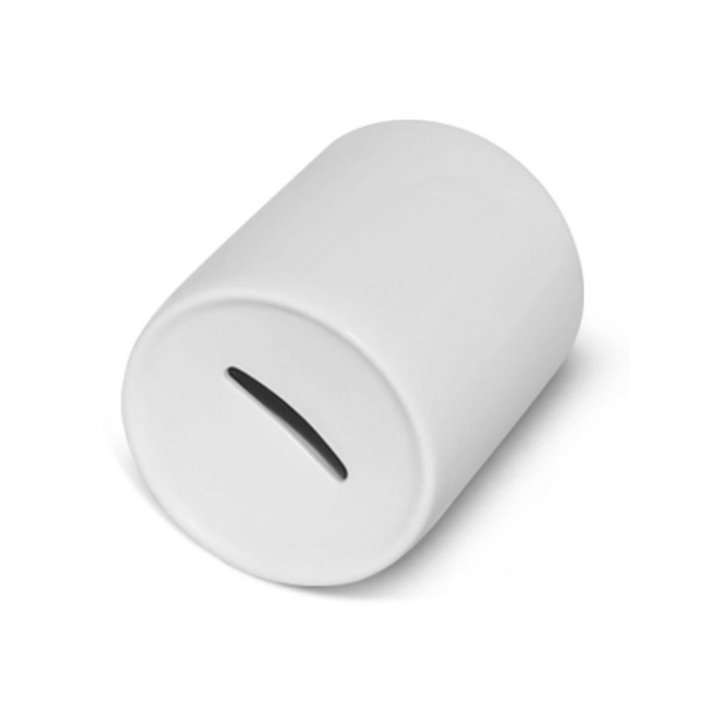 Cofre de moedas branco cilíndrico com fenda no topo
