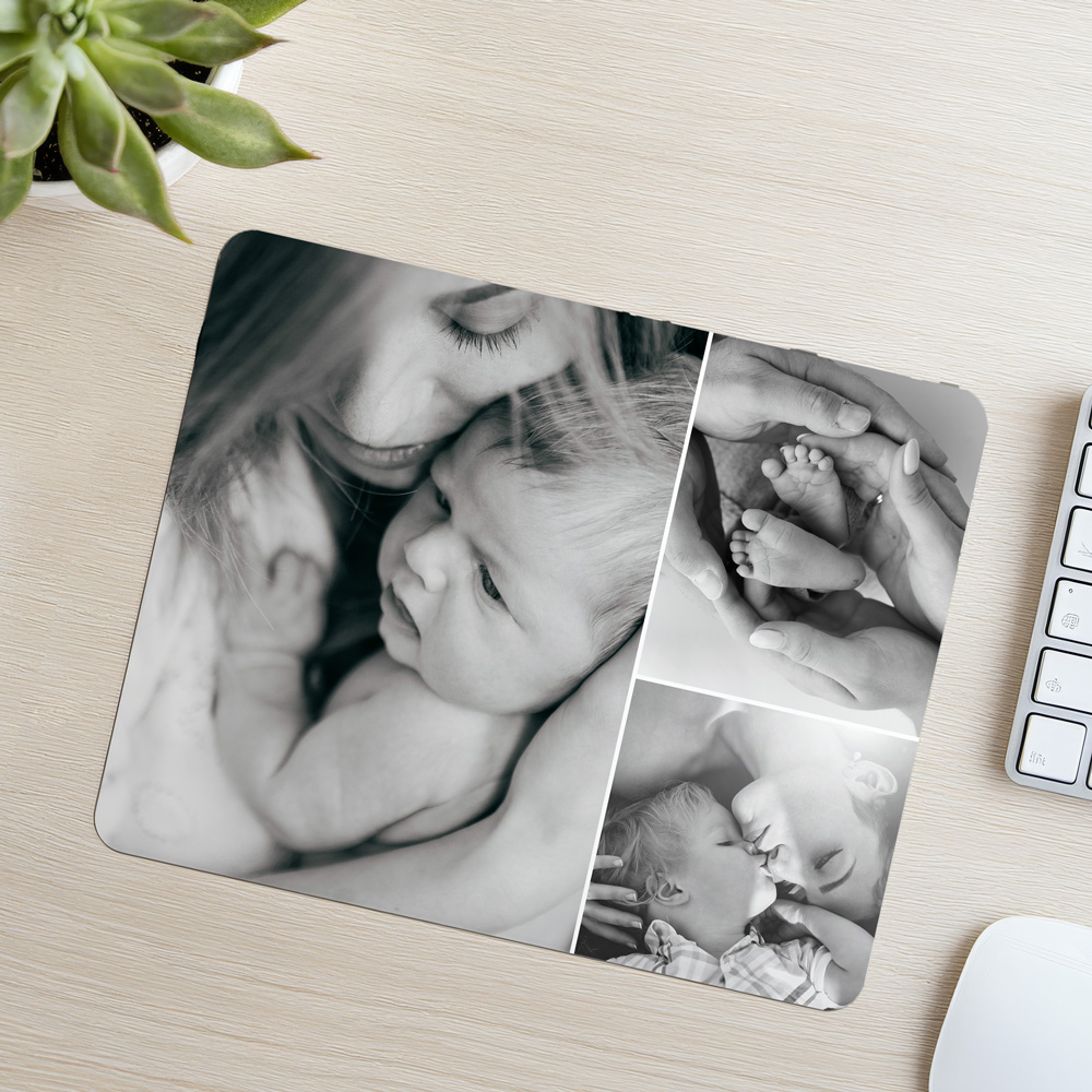 Tapete de rato com fotografias a preto e branco de mãe e bebé
