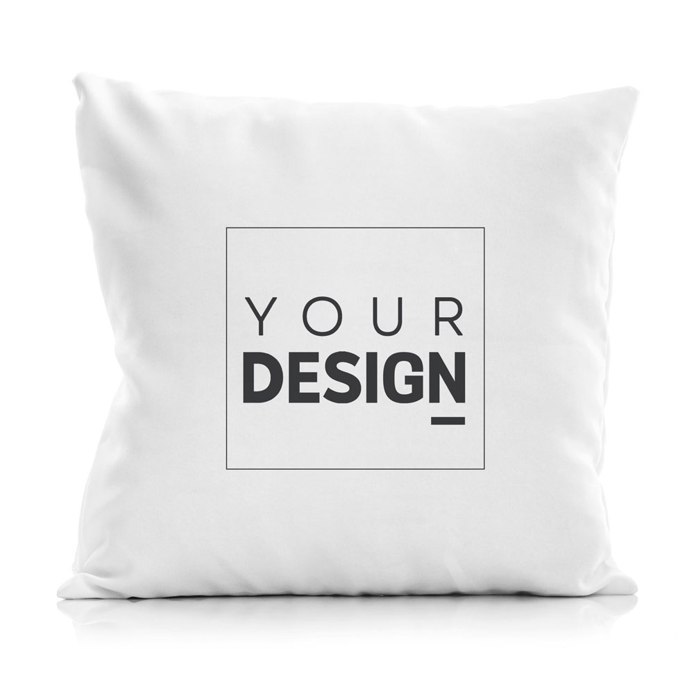 Almofada branca com texto Your Design em preto no centro.