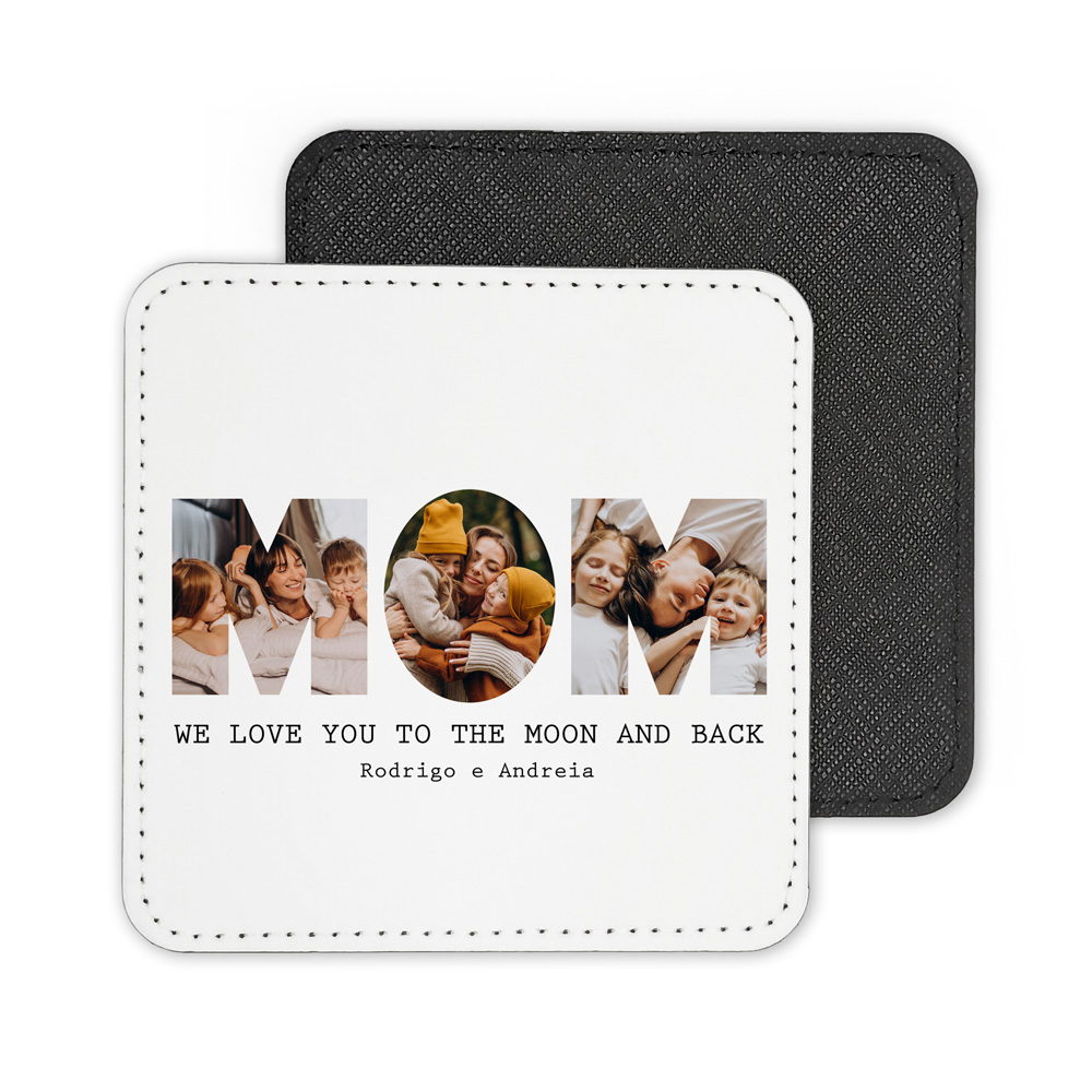 Bases para copos quadradas uma branca com texto e fotos e outra preta com textura de couro