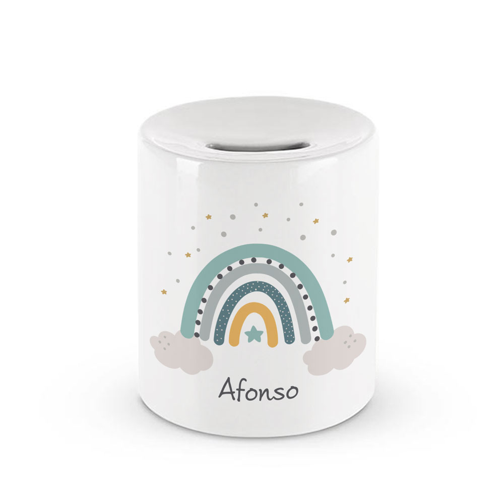 Mealheiro branco com arco-íris colorido e nome Afonso