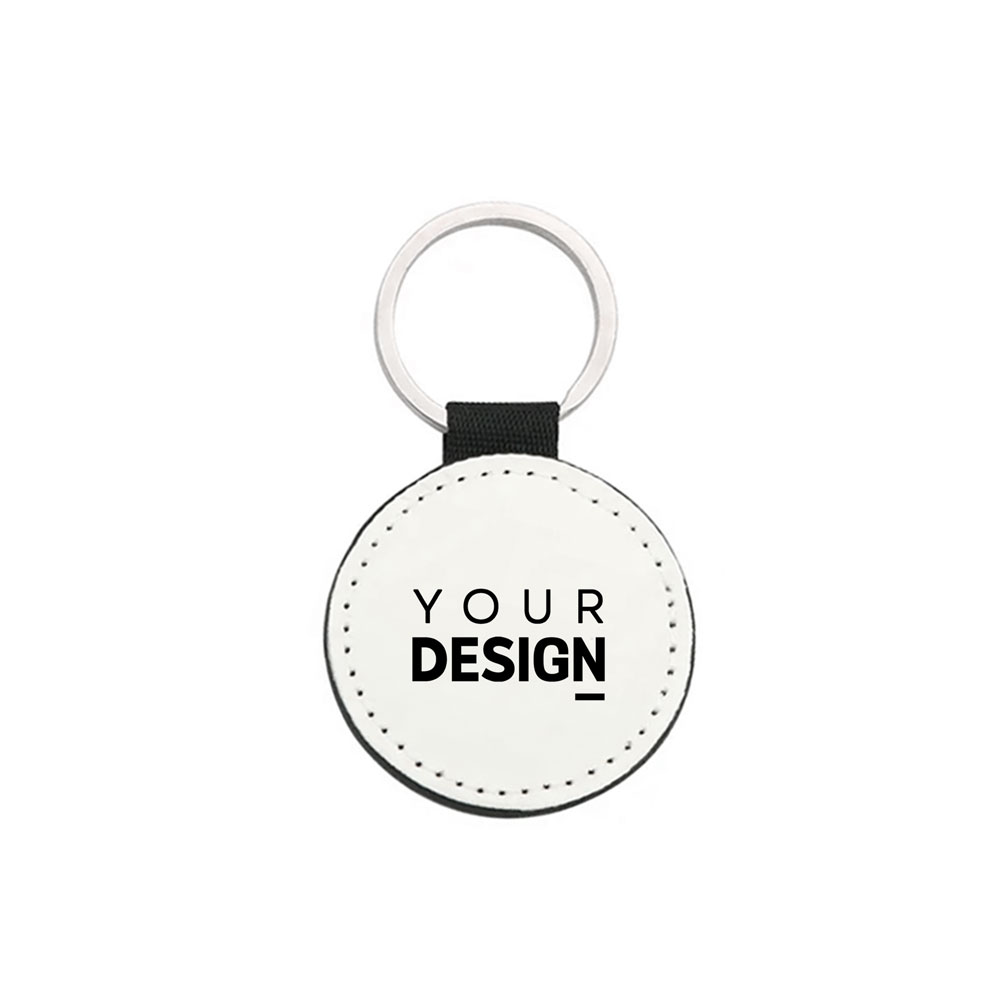 Porta-chaves redondo preto e branco com texto YOUR DESIGN e argola metálica