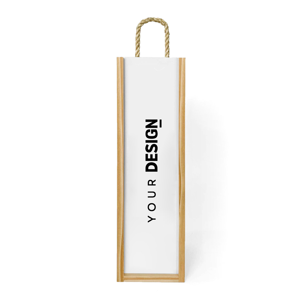 Caixa de madeira para garrafas com tampa branca e alça de corda, texto YOUR DESIGN