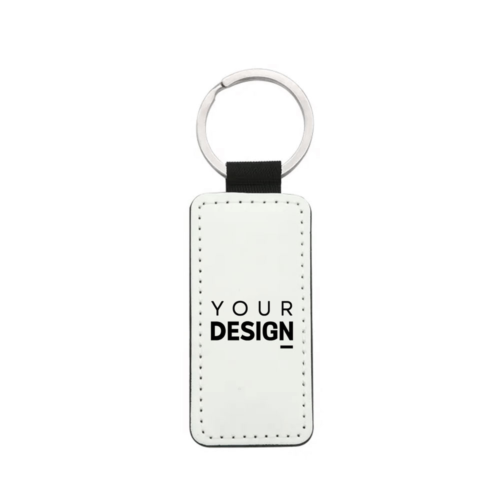 Porta-chaves retangular branco com argola metálica e texto 'YOUR DESIGN'