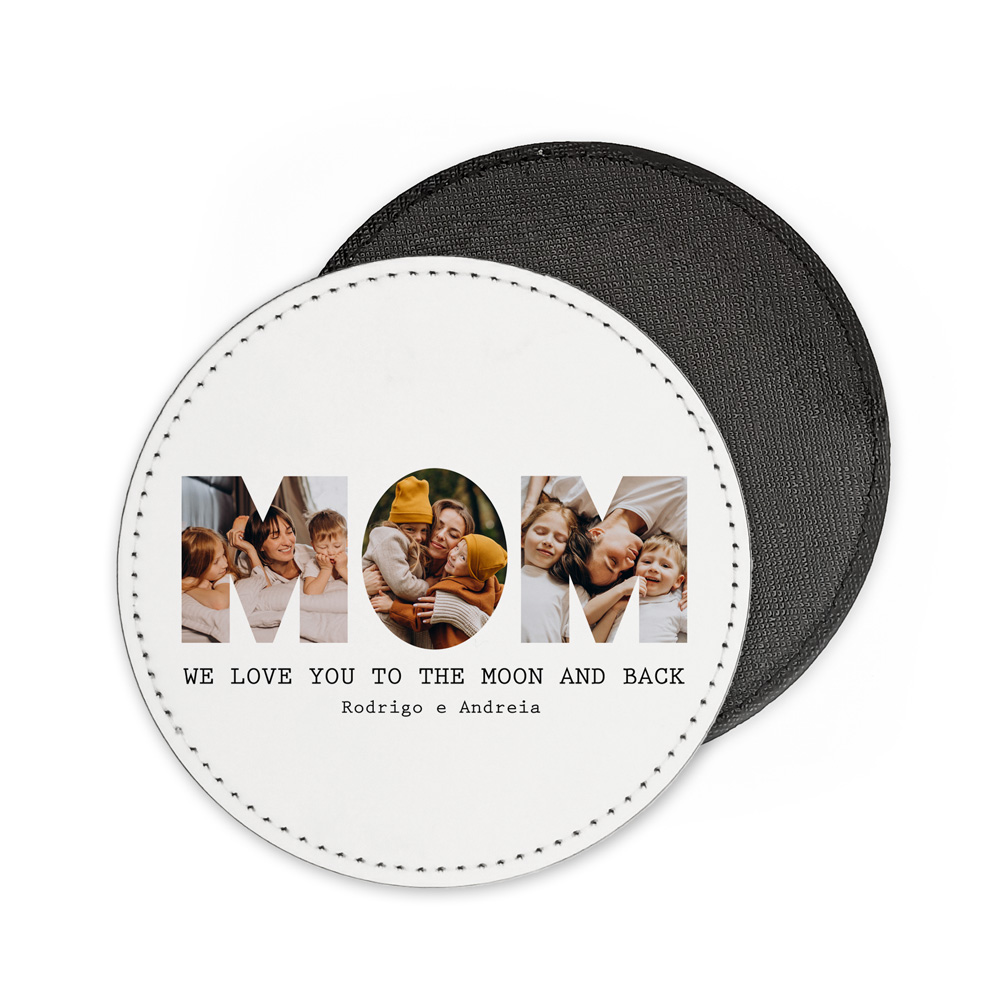 Porta-copos redondos branco com texto e fotos e porta-copos preto simples.