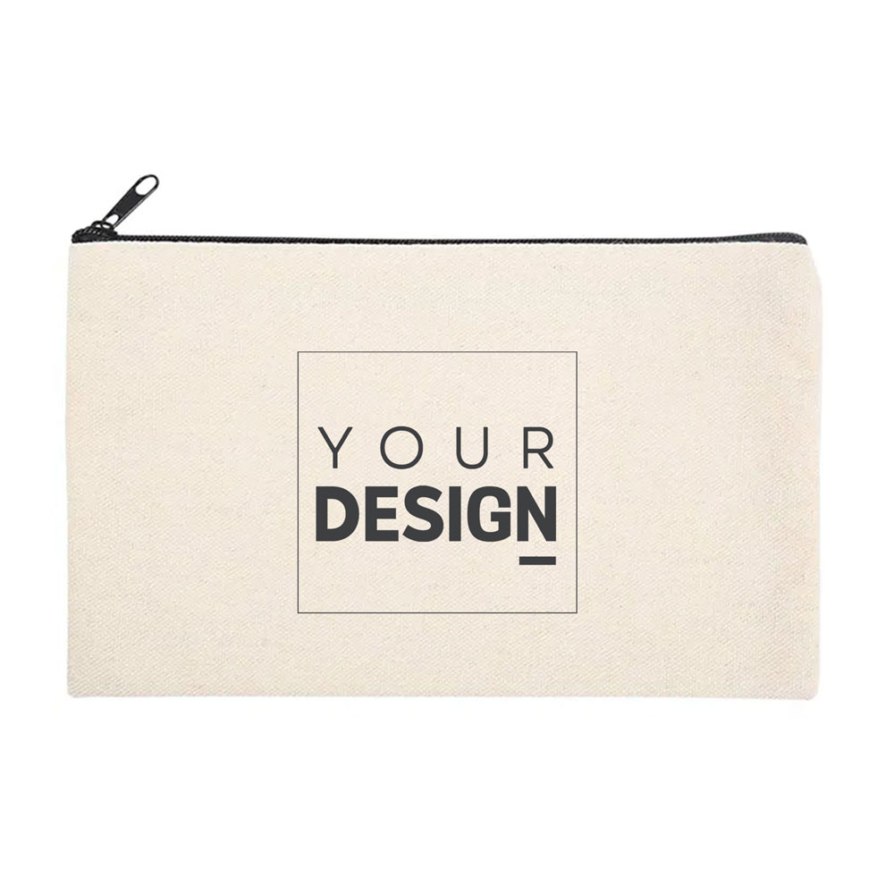 Estojo retangular de tecido bege com fecho preto e texto YOUR DESIGN