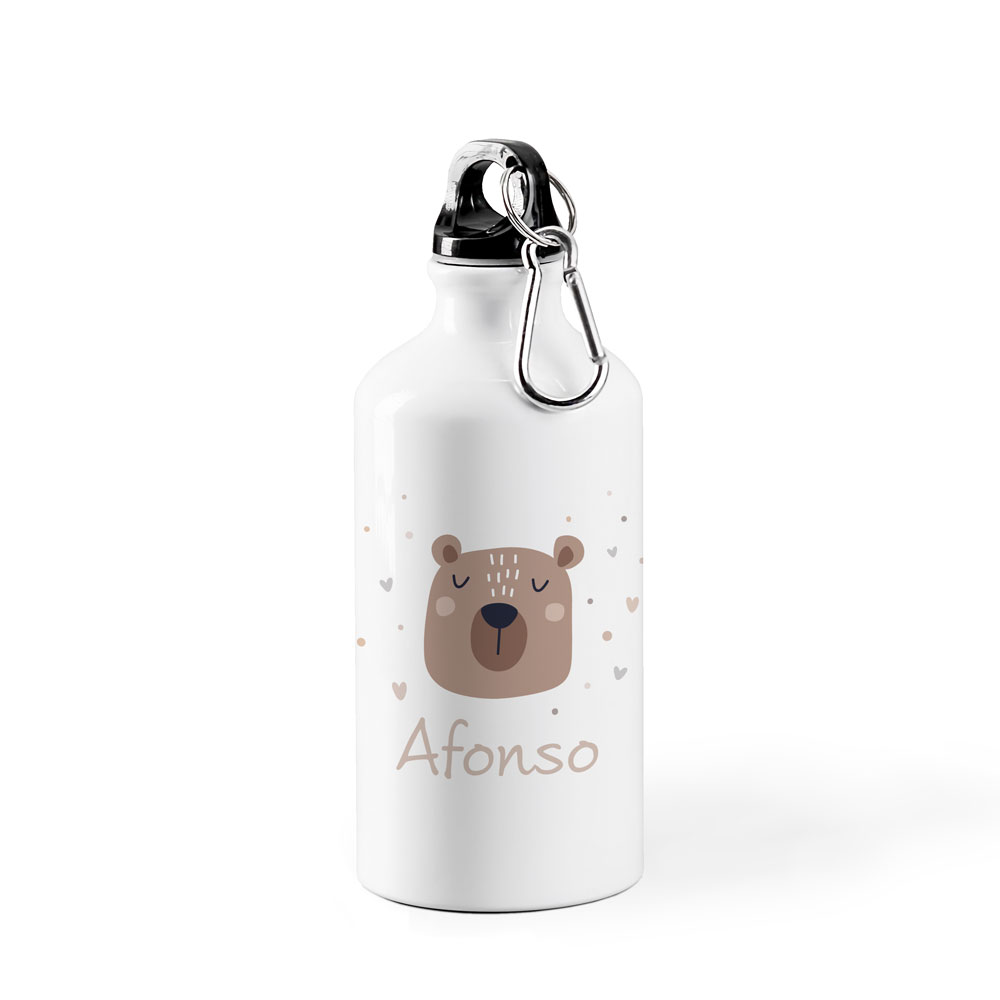 Garrafa metálica branca com desenho de urso e nome Afonso