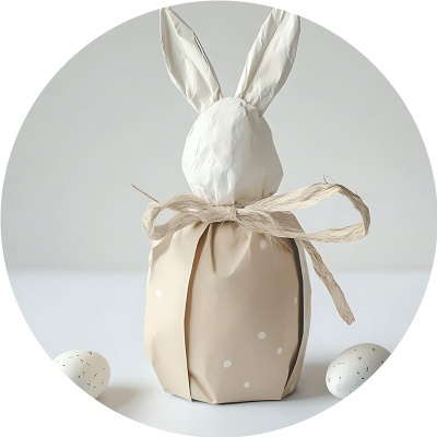 Embalagem de coelho de Páscoa em papel bege com bolinhas e fita de ráfia, com dois ovos decorativos brancos ao lado