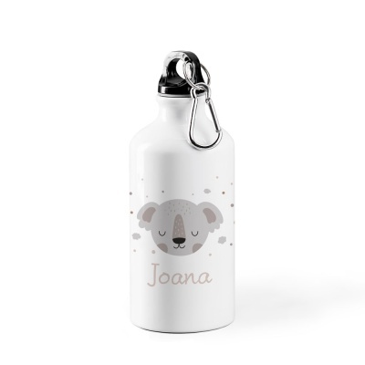 Garrafa branca metálica com imagem de coala e nome Joana