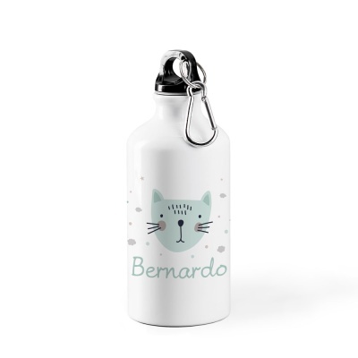 Garrafa de água branca com desenho de gato e texto Bernardo