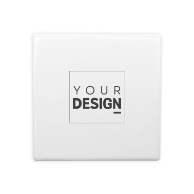 Azulejo quadrado branco com texto YOUR DESIGN preto no centro