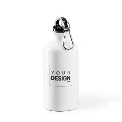 Garrafa de metal branca com texto YOUR DESIGN