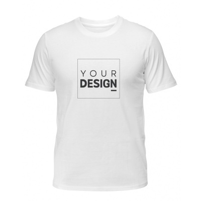 T-shirt branca unissexo com inscrição 'YOUR DESIGN' estampada ao centro