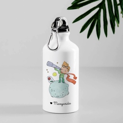 Garrafa desportiva branca com ilustração do pequeno príncipe e texto Margarida