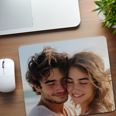 Tapete para rato com fotografia de casal sorridente na praia sobre mesa de madeira