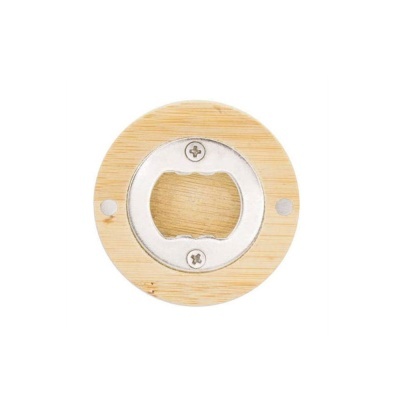 Abridor de garrafas redondo com base de madeira e metal prateado