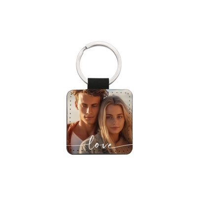 Porta-chaves quadrado com foto de casal e texto 'love'