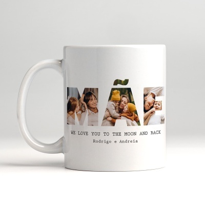 Caneca branca com texto e imagens familiares na palavra MÃE