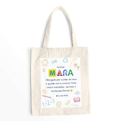 Saco em canvas com desenho colorido e texto de agradecimento em português.