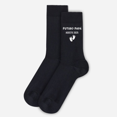 Meias pretas com texto branco e ícone de pezinhos