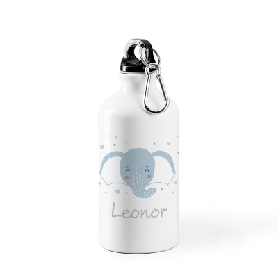 Garrafa de alumínio branca com elefante azul e nome Leonor