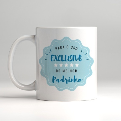 Caneca branca com selo azul claro e texto para o padrinho