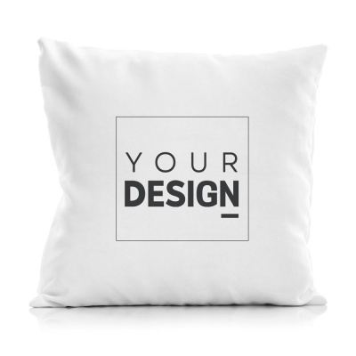 Almofada branca com texto Your Design em preto no centro.
