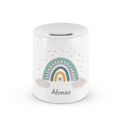 Mealheiro branco com arco-íris colorido e nome Afonso