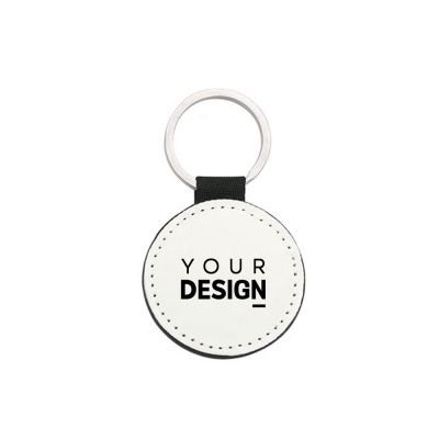 Porta-chaves redondo preto e branco com texto YOUR DESIGN e argola metálica