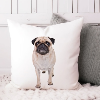 Almofada branca com imagem de pug e almofada cinza ao lado