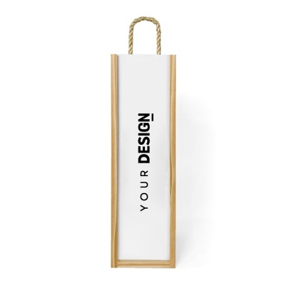Caixa de madeira para garrafas com tampa branca e alça de corda, texto YOUR DESIGN