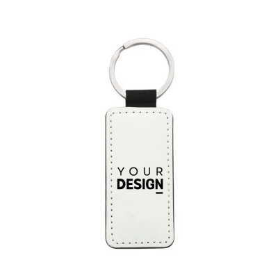 Porta-chaves retangular branco com argola metálica e texto 'YOUR DESIGN'